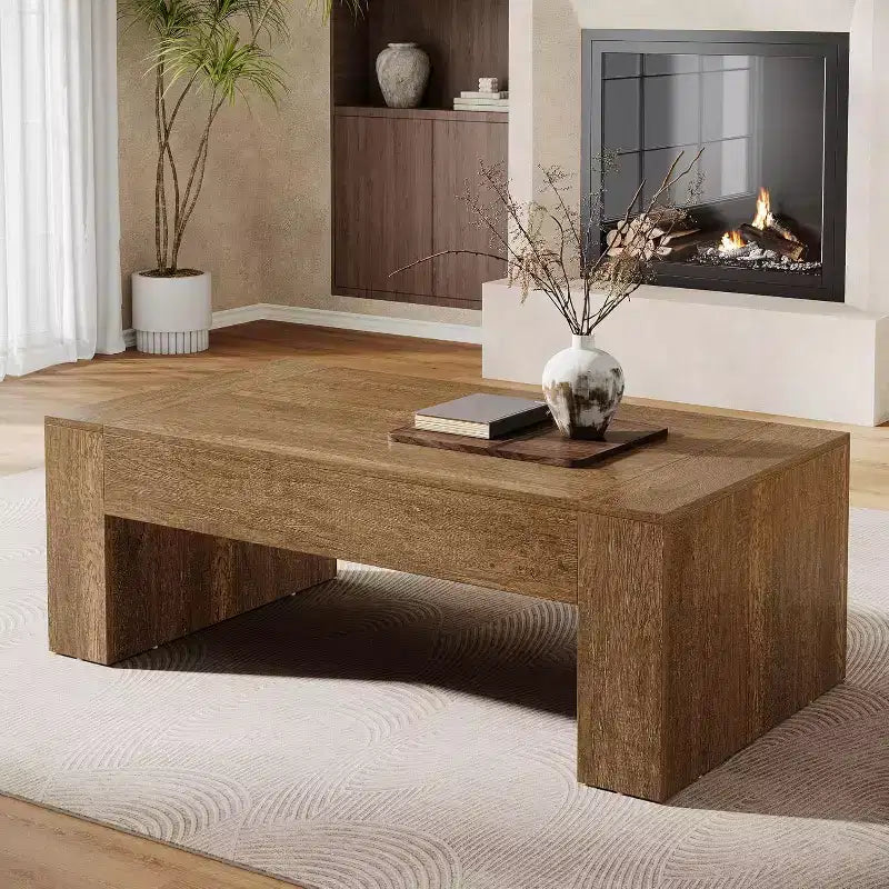 51-Inch Farmhouse Rectangular Coffee Table with Sturdy Pedestal Base, Brown
