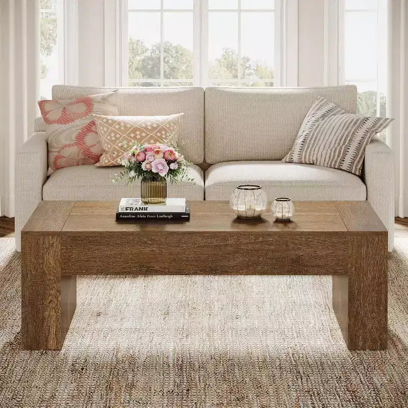 51-Inch Farmhouse Rectangular Coffee Table with Sturdy Pedestal Base, Brown