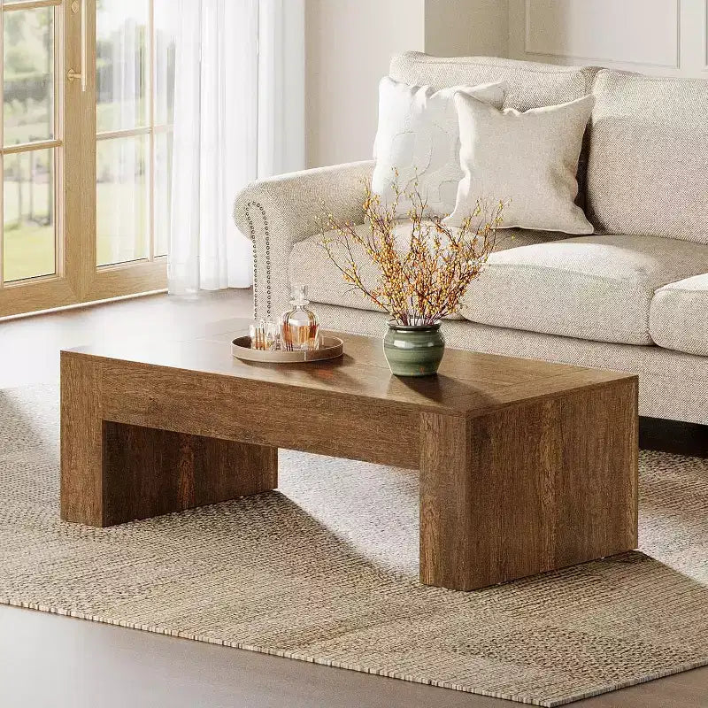 51-Inch Farmhouse Rectangular Coffee Table with Sturdy Pedestal Base, Brown