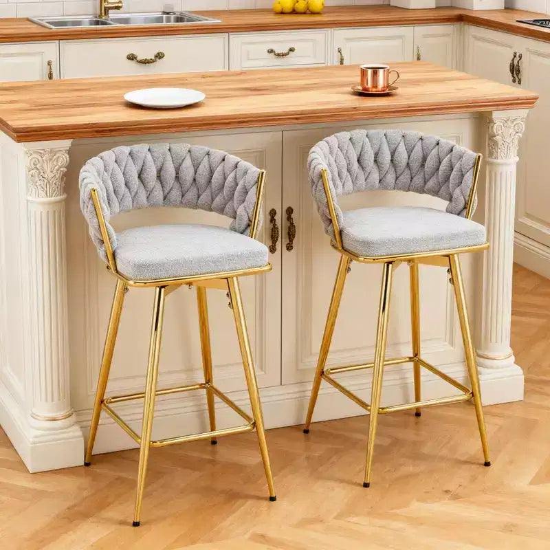 Set of 2 Swivel Bar Stools with Electroplated Metal Frame and Breathable Cotton Linen Cushion