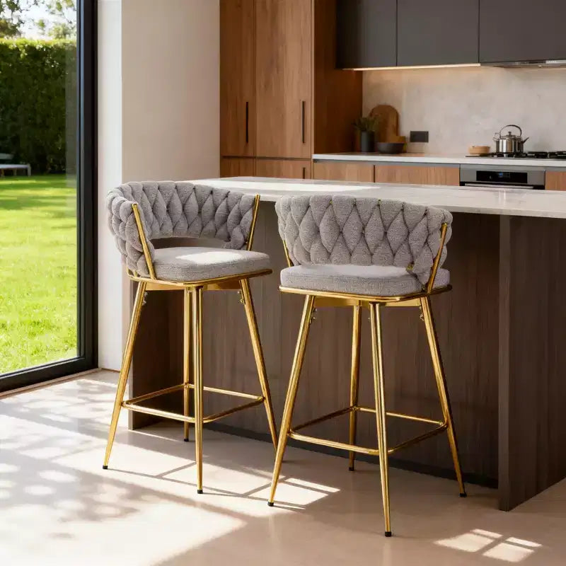 Set of 2 Swivel Bar Stools with Electroplated Metal Frame and Breathable Cotton Linen Cushion