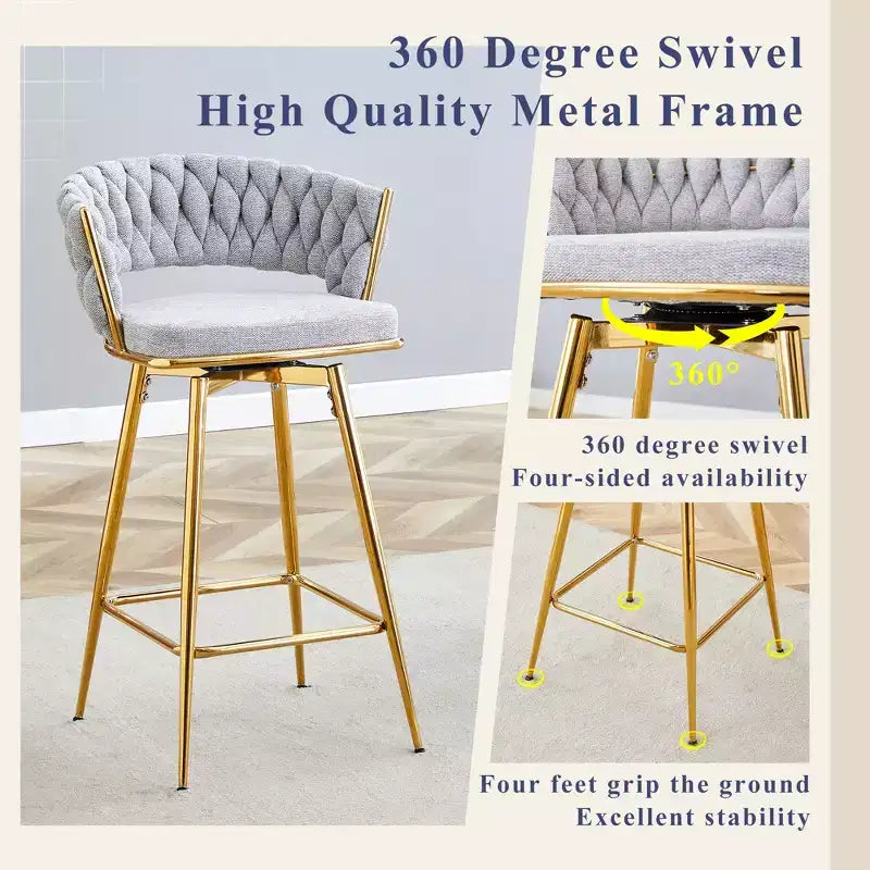 Set of 2 Swivel Bar Stools with Electroplated Metal Frame and Breathable Cotton Linen Cushion