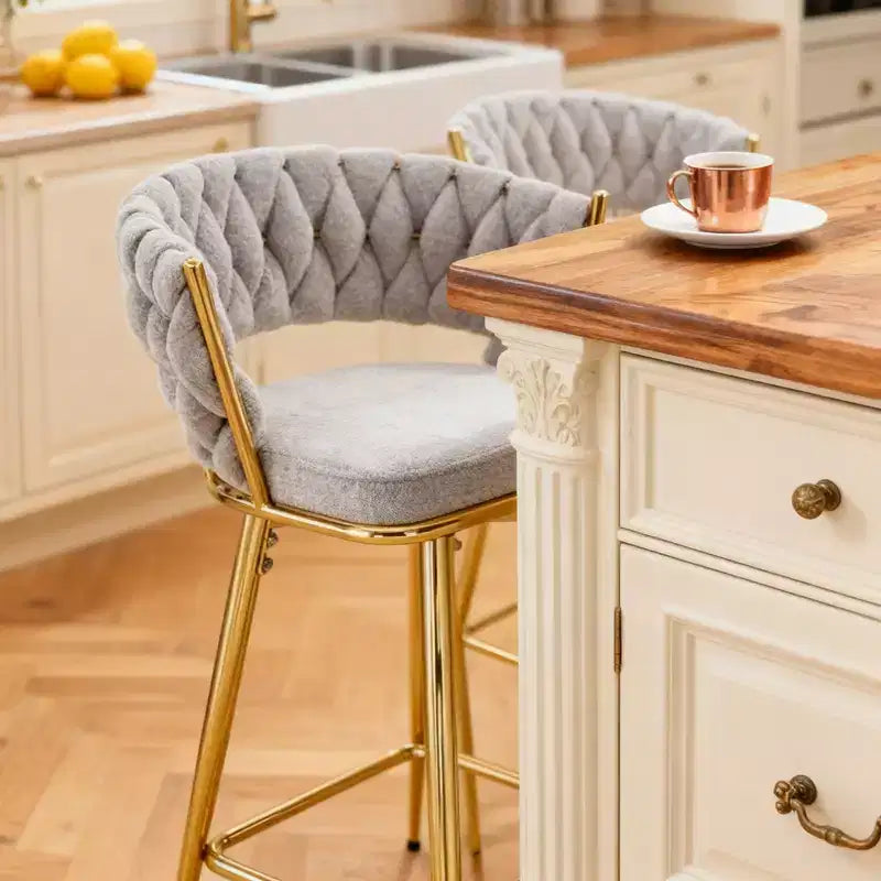 Set of 2 Swivel Bar Stools with Electroplated Metal Frame and Breathable Cotton Linen Cushion