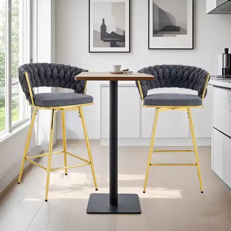Set of 2 Swivel Bar Stools with Electroplated Metal Frame and Breathable Cotton Linen Cushion