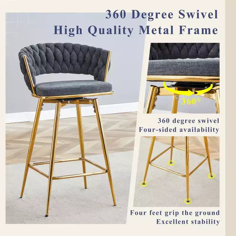 Set of 2 Swivel Bar Stools with Electroplated Metal Frame and Breathable Cotton Linen Cushion