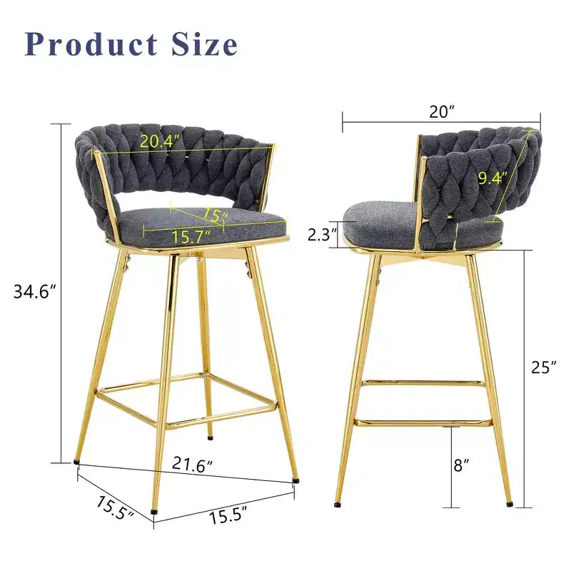 Set of 2 Swivel Bar Stools with Electroplated Metal Frame and Breathable Cotton Linen Cushion