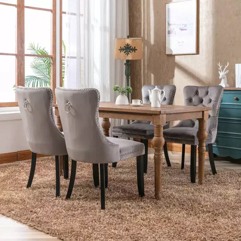 Set of 2 Tufted Velvet High-Back Dining Chairs with Nailhead Trim and Solid Wood Legs, Gray