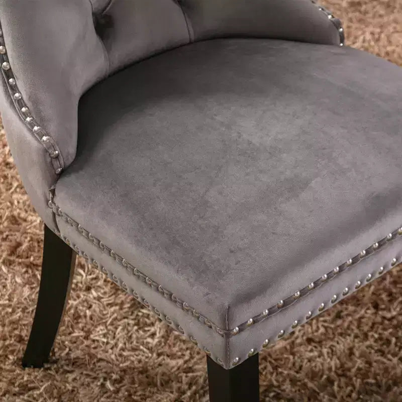 Set of 2 Tufted Velvet High-Back Dining Chairs with Nailhead Trim and Solid Wood Legs, Gray