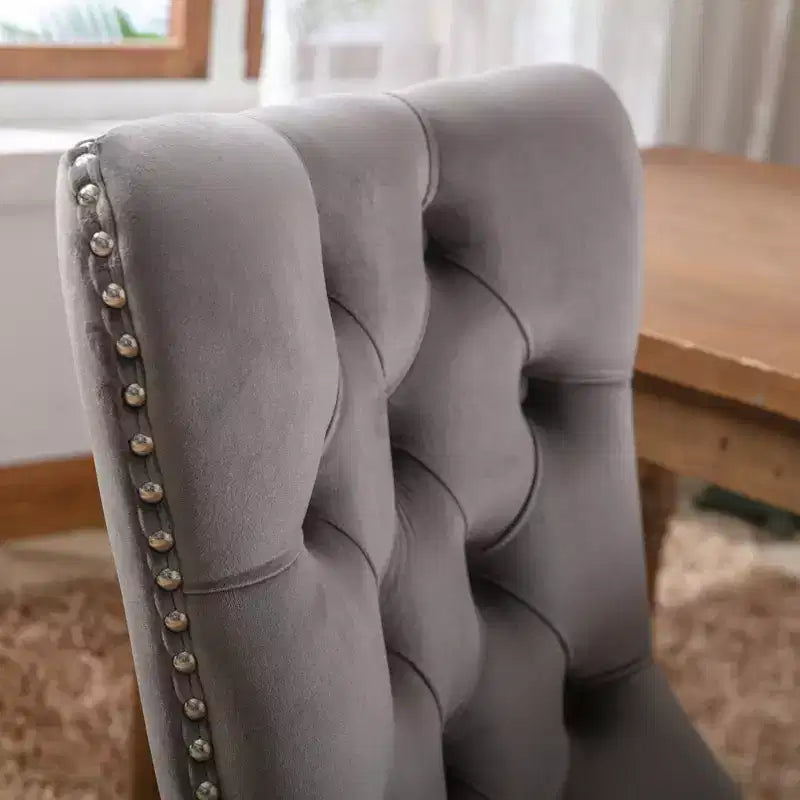 Set of 2 Tufted Velvet High-Back Dining Chairs with Nailhead Trim and Solid Wood Legs, Gray
