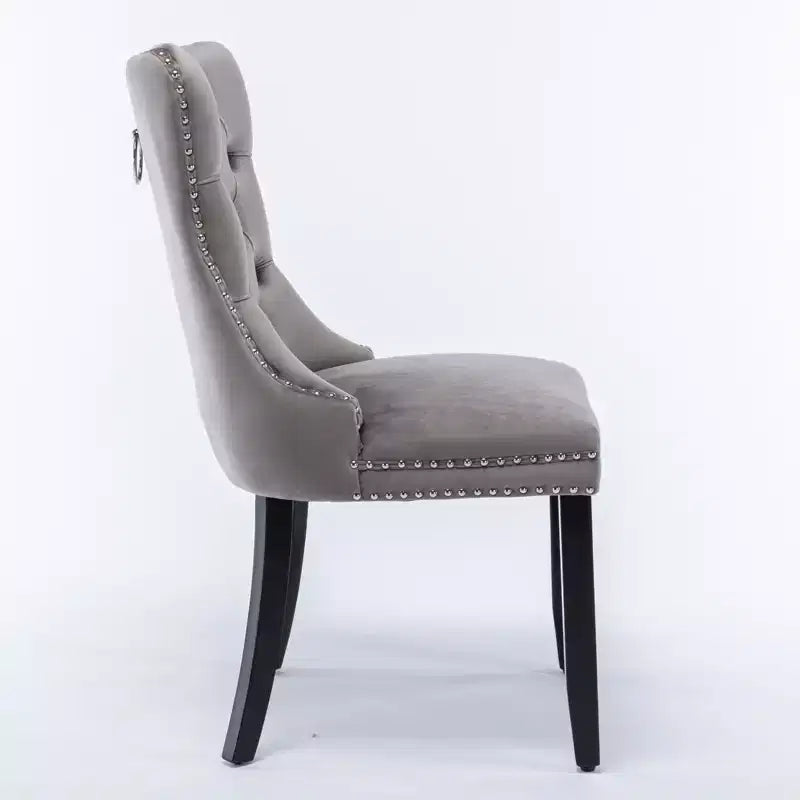 Set of 2 Tufted Velvet High-Back Dining Chairs with Nailhead Trim and Solid Wood Legs, Gray