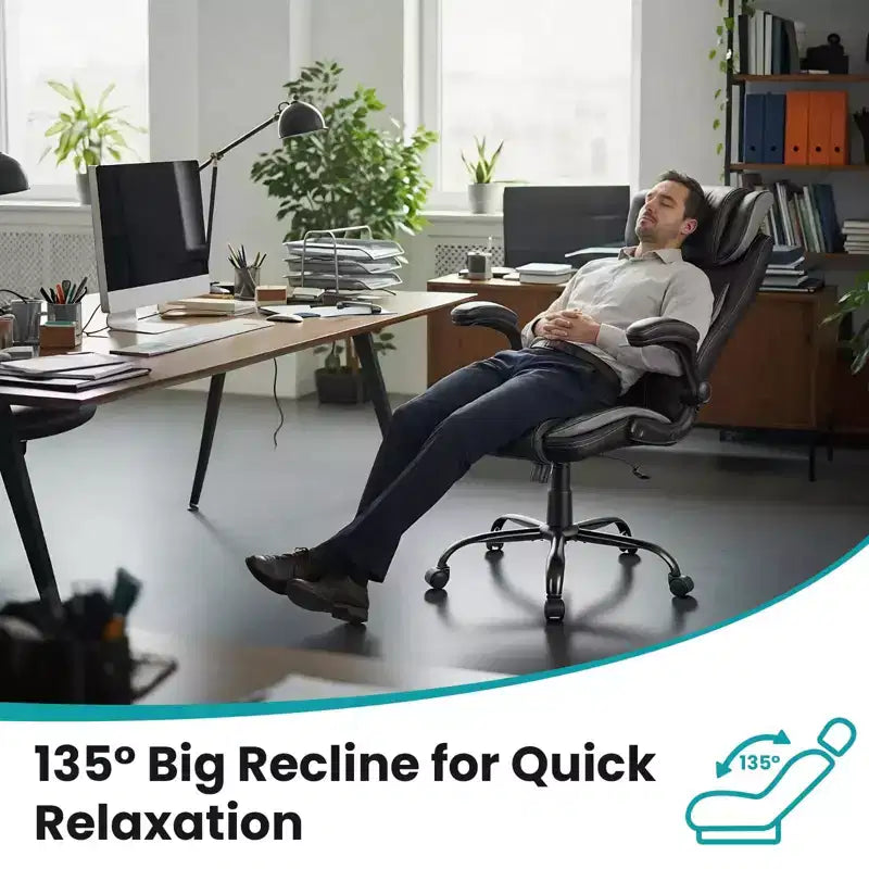 Ergonomic High-Back Leather Office Chair with Adjustable Headrest, Fold-Up Armrests and Lumbar Support