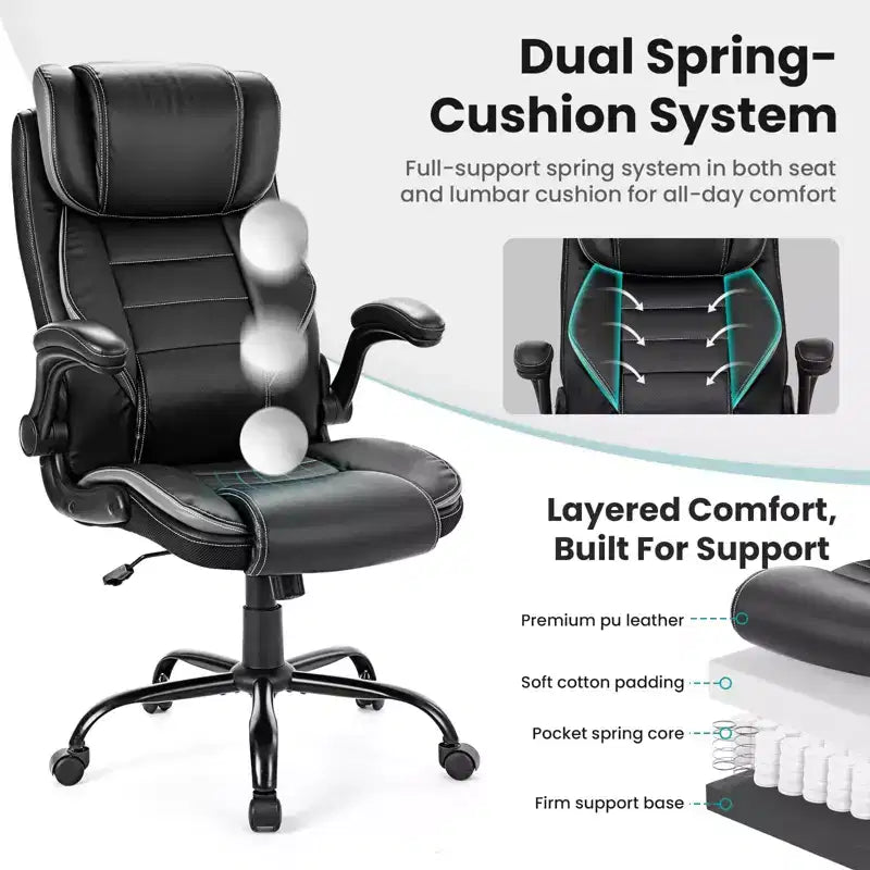 Ergonomic High-Back Leather Office Chair with Adjustable Headrest, Fold-Up Armrests and Lumbar Support