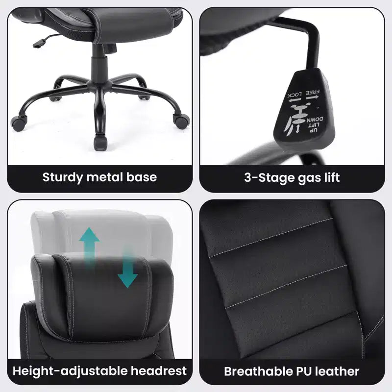 Ergonomic High-Back Leather Office Chair with Adjustable Headrest, Fold-Up Armrests and Lumbar Support