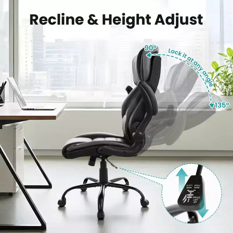 Ergonomic High-Back Leather Office Chair with Adjustable Headrest, Fold-Up Armrests and Lumbar Support