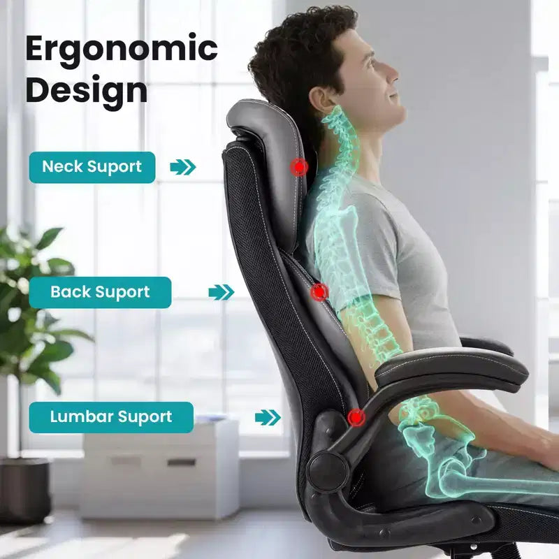 Ergonomic High-Back Leather Office Chair with Adjustable Headrest, Fold-Up Armrests and Lumbar Support