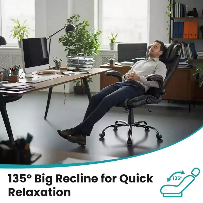 Ergonomic High-Back Leather Office Chair with Adjustable Headrest, Fold-Up Armrests and Lumbar Support