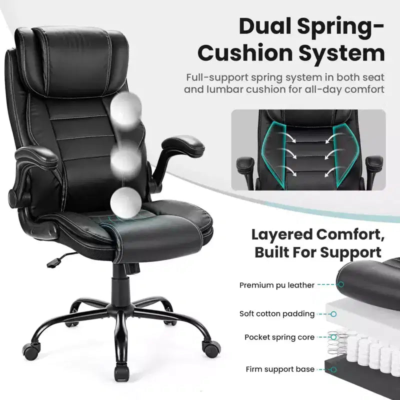Ergonomic High-Back Leather Office Chair with Adjustable Headrest, Fold-Up Armrests and Lumbar Support
