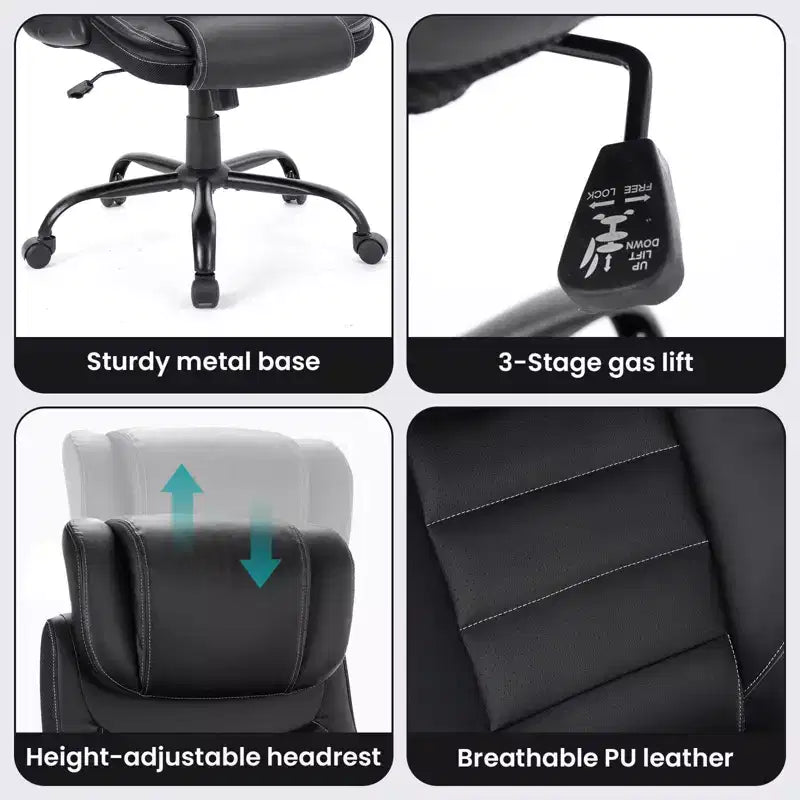 Ergonomic High-Back Leather Office Chair with Adjustable Headrest, Fold-Up Armrests and Lumbar Support