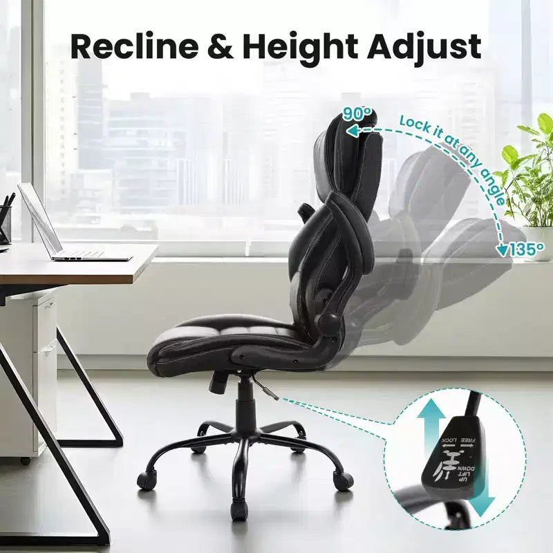 Ergonomic High-Back Leather Office Chair with Adjustable Headrest, Fold-Up Armrests and Lumbar Support