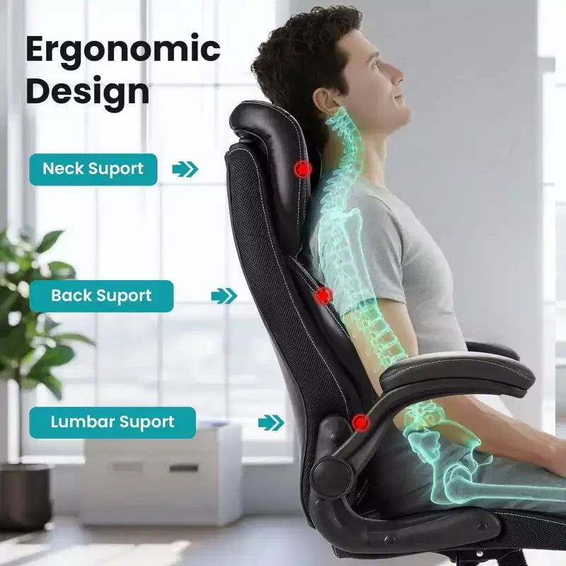 Ergonomic High-Back Leather Office Chair with Adjustable Headrest, Fold-Up Armrests and Lumbar Support