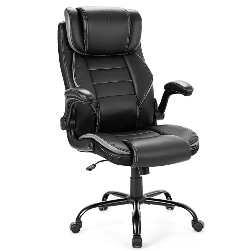 Ergonomic High-Back Leather Office Chair with Adjustable Headrest, Fold-Up Armrests and Lumbar Support