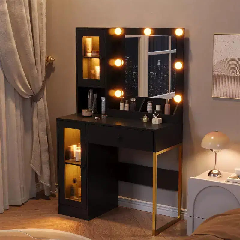 Modern Makeup Vanity Desk with Mirror, 2 Acrylic-Door Cabinets, 2 Open Shelves, Drawers, for Bedroom