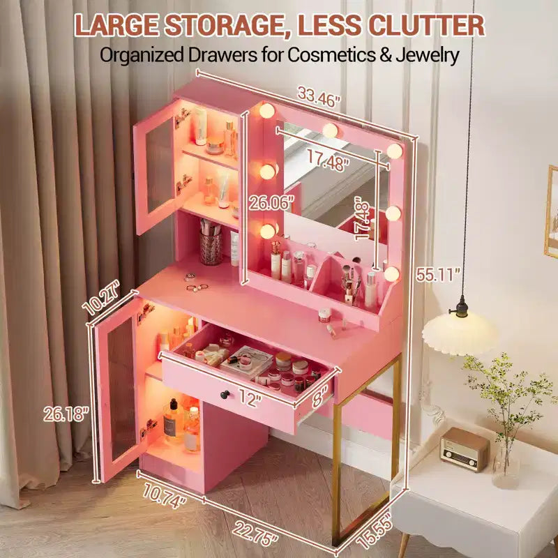 Modern Makeup Vanity Desk with Mirror, 2 Acrylic-Door Cabinets, 2 Open Shelves, Drawers, for Bedroom