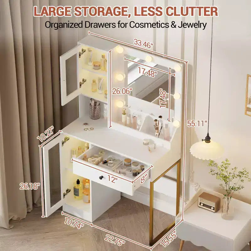Modern Makeup Vanity Desk with Mirror, 2 Acrylic-Door Cabinets, 2 Open Shelves, Drawers, for Bedroom