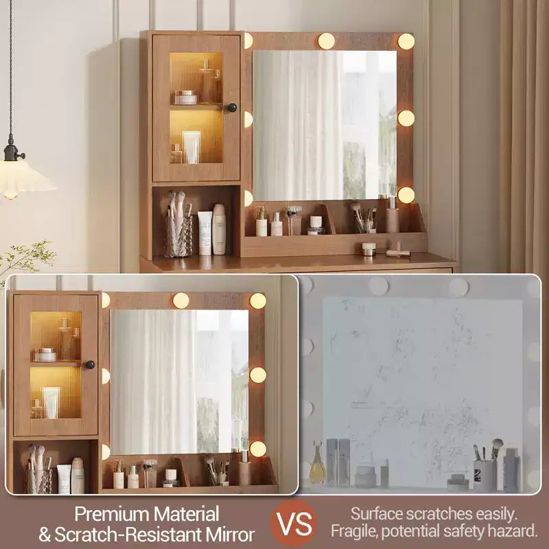 Modern Makeup Vanity Desk with Mirror, 2 Acrylic-Door Cabinets, 2 Open Shelves, Drawers, for Bedroom