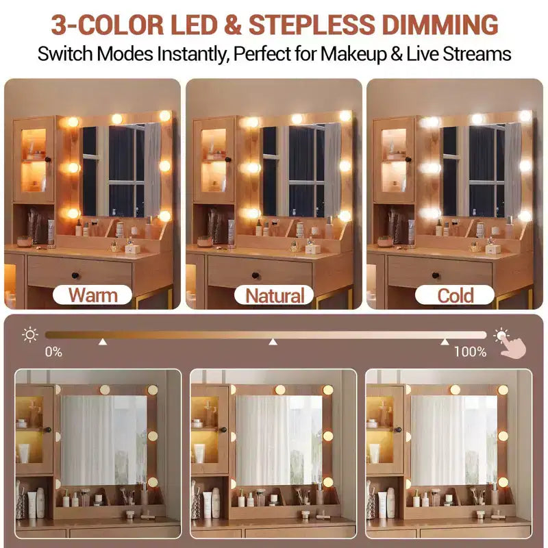 Modern Makeup Vanity Desk with Mirror, 2 Acrylic-Door Cabinets, 2 Open Shelves, Drawers, for Bedroom