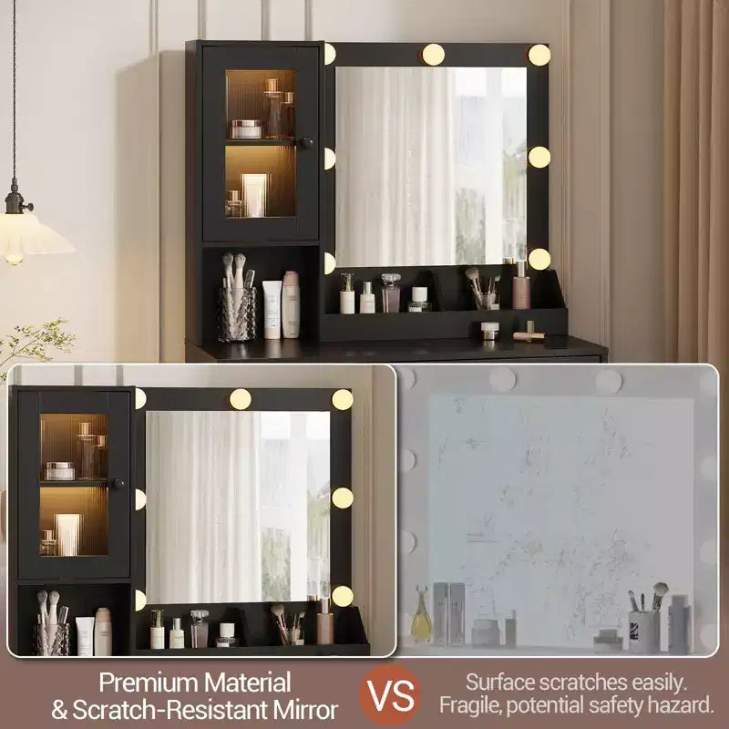 Modern Makeup Vanity Desk with Mirror, 2 Acrylic-Door Cabinets, 2 Open Shelves, Drawers, for Bedroom