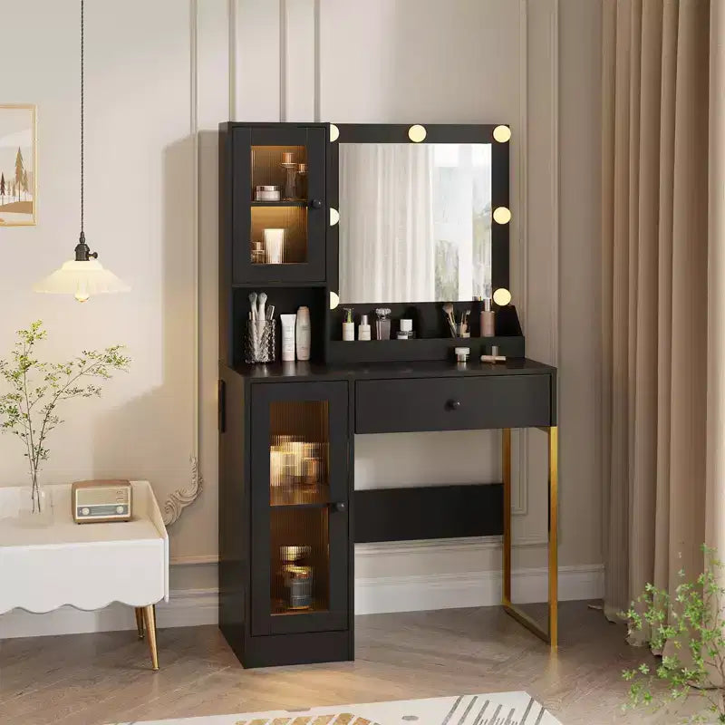 Modern Makeup Vanity Desk with Mirror, 2 Acrylic-Door Cabinets, 2 Open Shelves, Drawers, for Bedroom