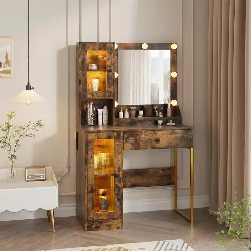 Modern Makeup Vanity Desk with Mirror, 2 Acrylic-Door Cabinets, 2 Open Shelves, Drawers, for Bedroom