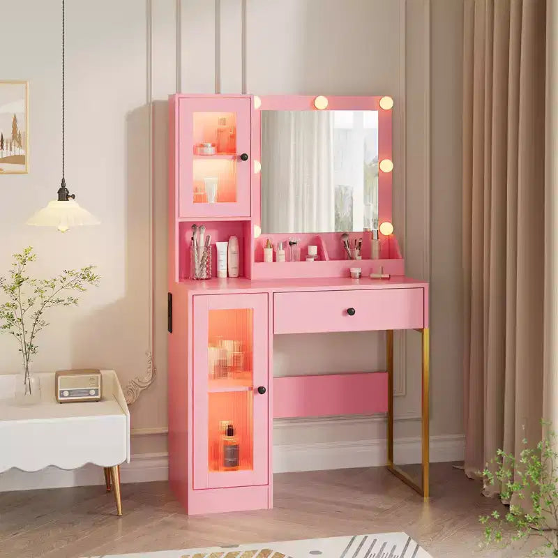 Modern Makeup Vanity Desk with Mirror, 2 Acrylic-Door Cabinets, 2 Open Shelves, Drawers, for Bedroom