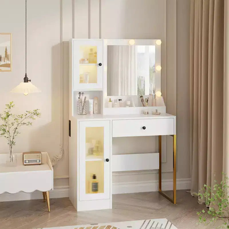 Modern Makeup Vanity Desk with Mirror, 2 Acrylic-Door Cabinets, 2 Open Shelves, Drawers, for Bedroom
