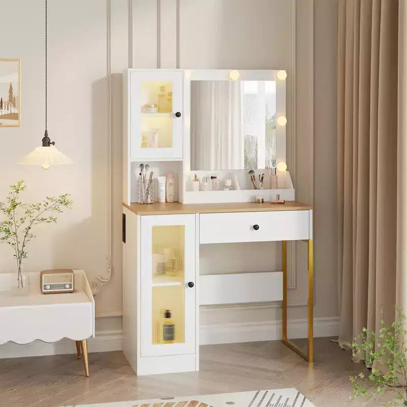 Modern Makeup Vanity Desk with Mirror, 2 Acrylic-Door Cabinets, 2 Open Shelves, Drawers, for Bedroom