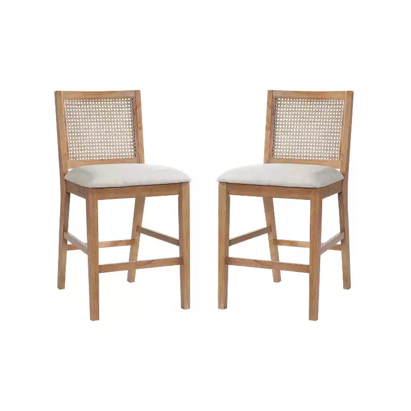 Set of 2 French Country Rattan Counter Stools with Rubberwood Legs, Upholstered Seat