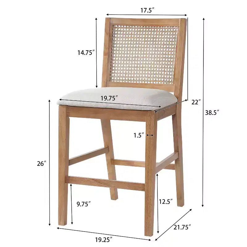 Set of 2 French Country Rattan Counter Stools with Rubberwood Legs, Upholstered Seat