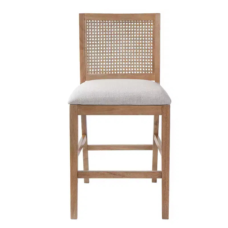 Set of 2 French Country Rattan Counter Stools with Rubberwood Legs, Upholstered Seat