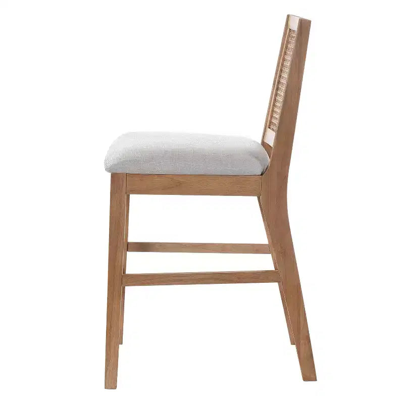 Set of 2 French Country Rattan Counter Stools with Rubberwood Legs, Upholstered Seat