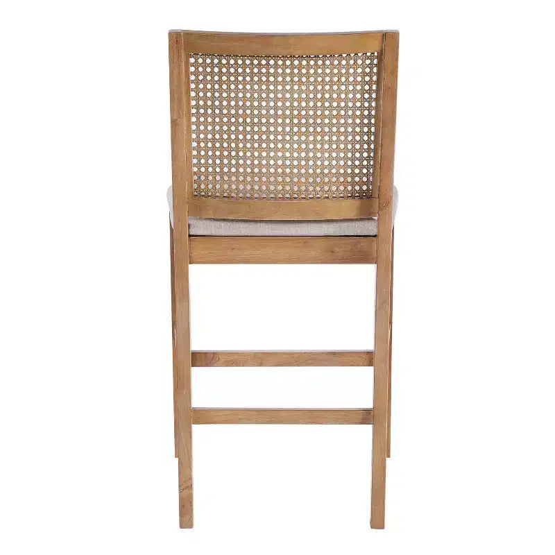 Set of 2 French Country Rattan Counter Stools with Rubberwood Legs, Upholstered Seat