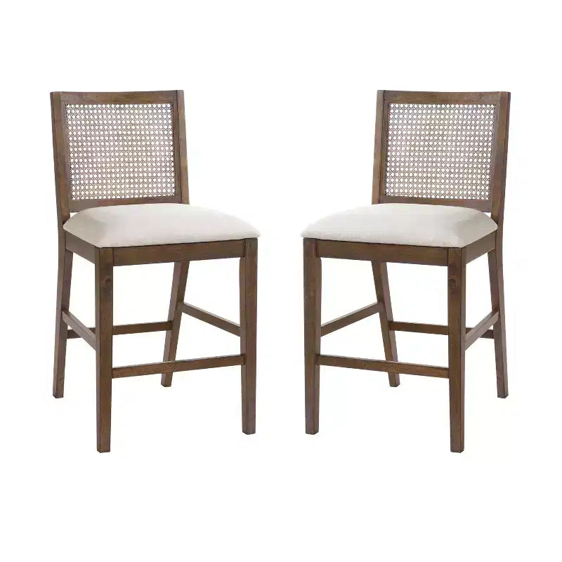 Set of 2 French Country Rattan Counter Stools with Rubberwood Legs, Upholstered Seat