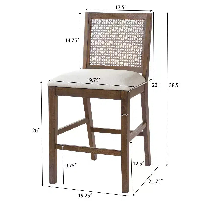 Set of 2 French Country Rattan Counter Stools with Rubberwood Legs, Upholstered Seat