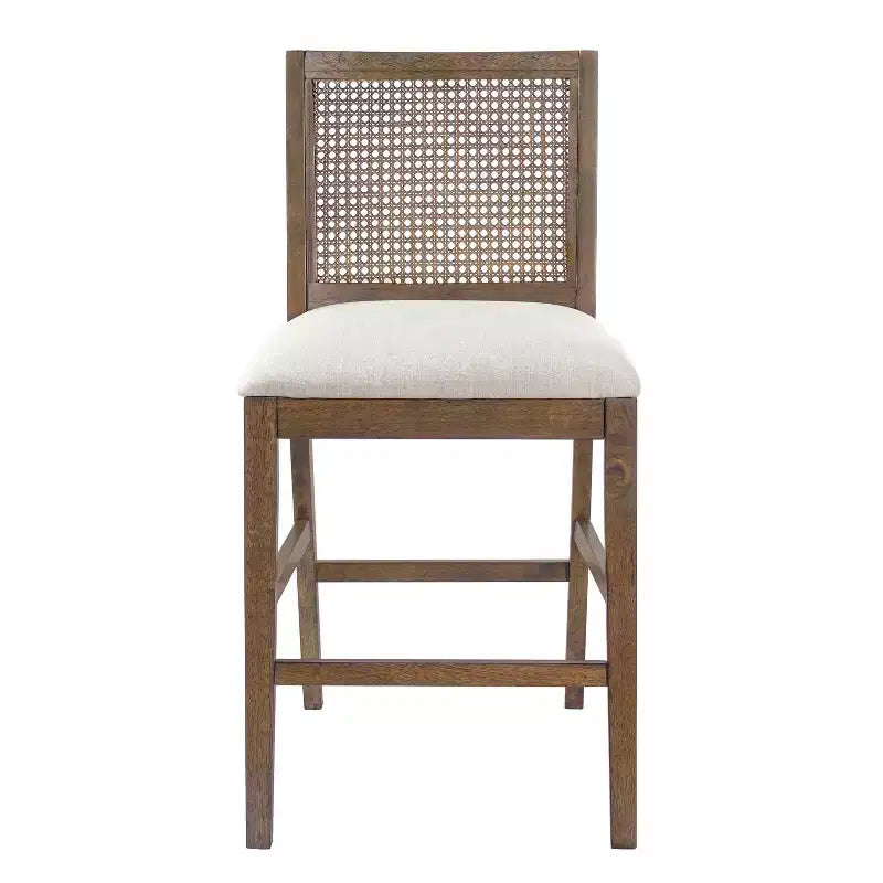 Set of 2 French Country Rattan Counter Stools with Rubberwood Legs, Upholstered Seat
