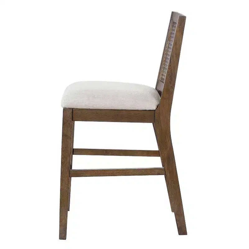 Set of 2 French Country Rattan Counter Stools with Rubberwood Legs, Upholstered Seat