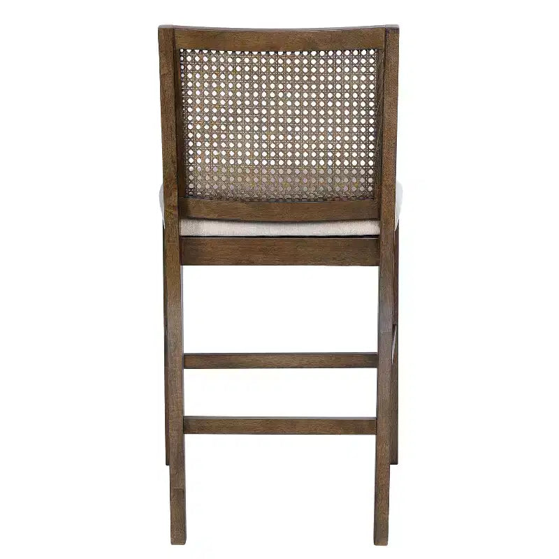 Set of 2 French Country Rattan Counter Stools with Rubberwood Legs, Upholstered Seat
