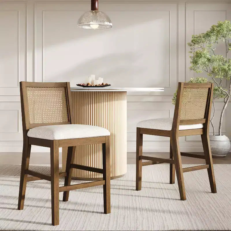 Set of 2 French Country Rattan Counter Stools with Rubberwood Legs, Upholstered Seat
