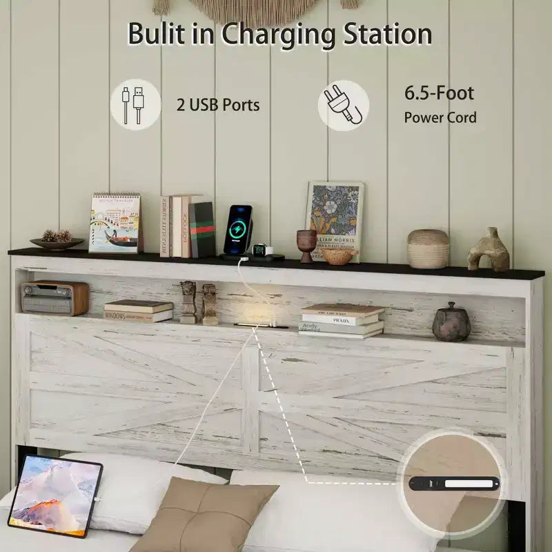Platform Bed with LED and Charging Station, Hidden Storage and Headboard, Full/Queen/King