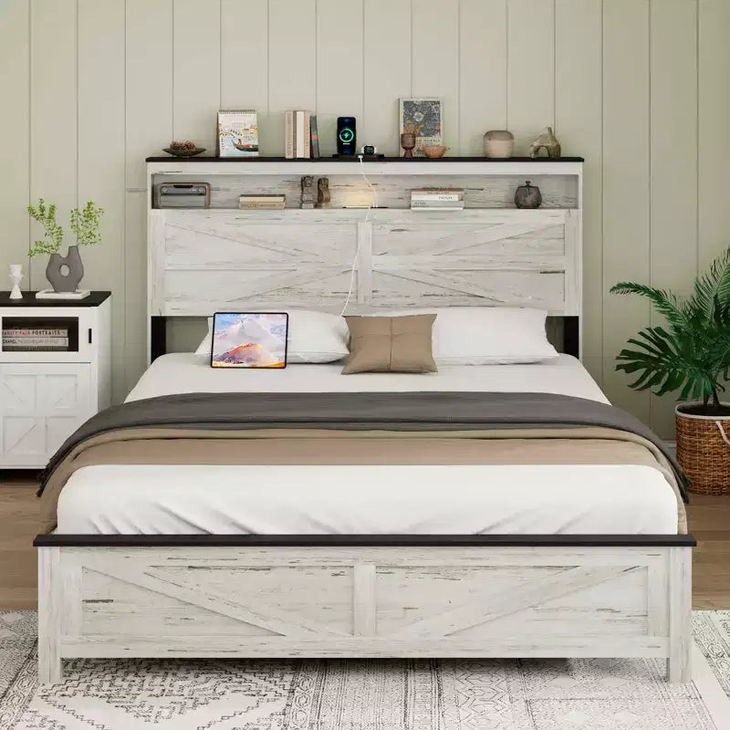 Platform Bed with LED and Charging Station, Hidden Storage and Headboard, Full/Queen/King