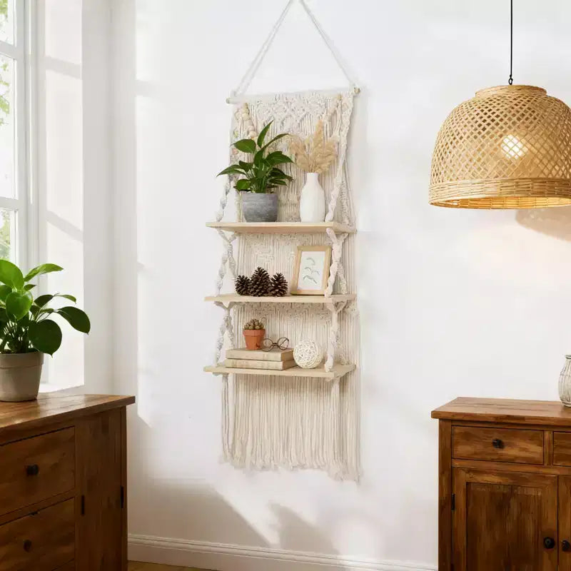 3-Tier Macrame Wall Hanging Shelf with Wooden Beads, Boho Floating Shelf for Living Room and Bedroom